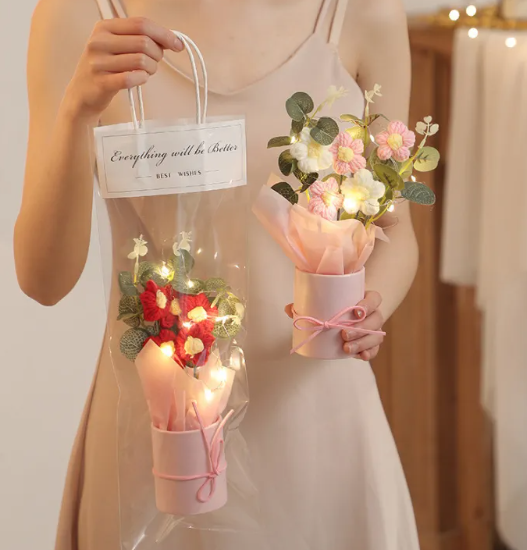 Hand Knitted Flower Puff Gift Bucket with LED Light